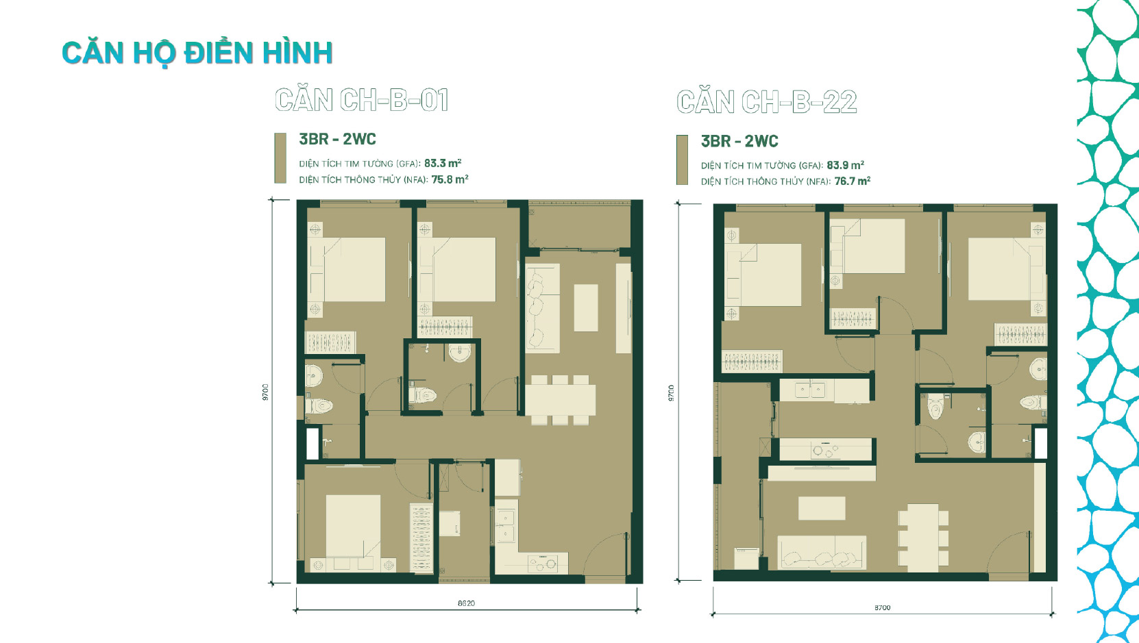 MẶT BẰNG CĂN HỘ 3 PHÒNG NGỦ, 2WC